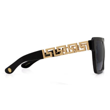 Load image into Gallery viewer, Greek Key Shades with Glossy Black Square Frame & Blue Tint Lenses